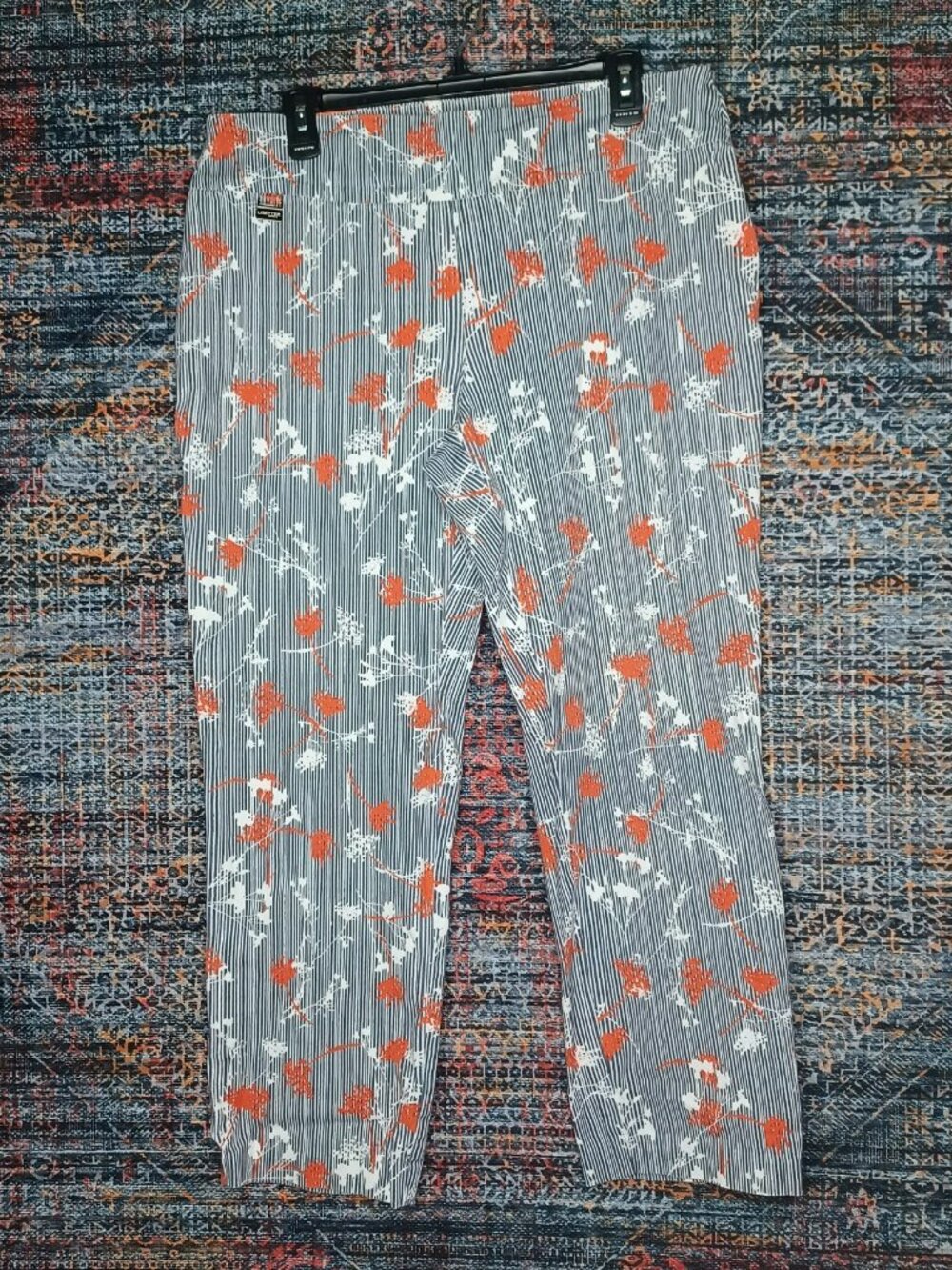 LISETTE L womens white black orange striped floral pull on pants 16